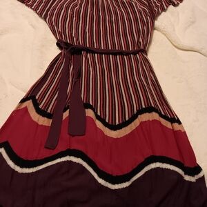 Moovy Burgundy Striped Dress Made In Italy Seta Silk Liner Cotton Viscose Outer